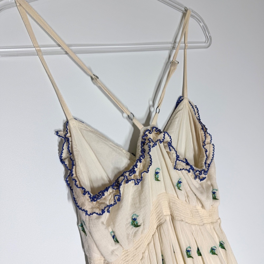 Anthropologie Floreat Cotton Embroidered Ruffle Dress Ivory Blue Floral Size 12 - Picture 8 of 15